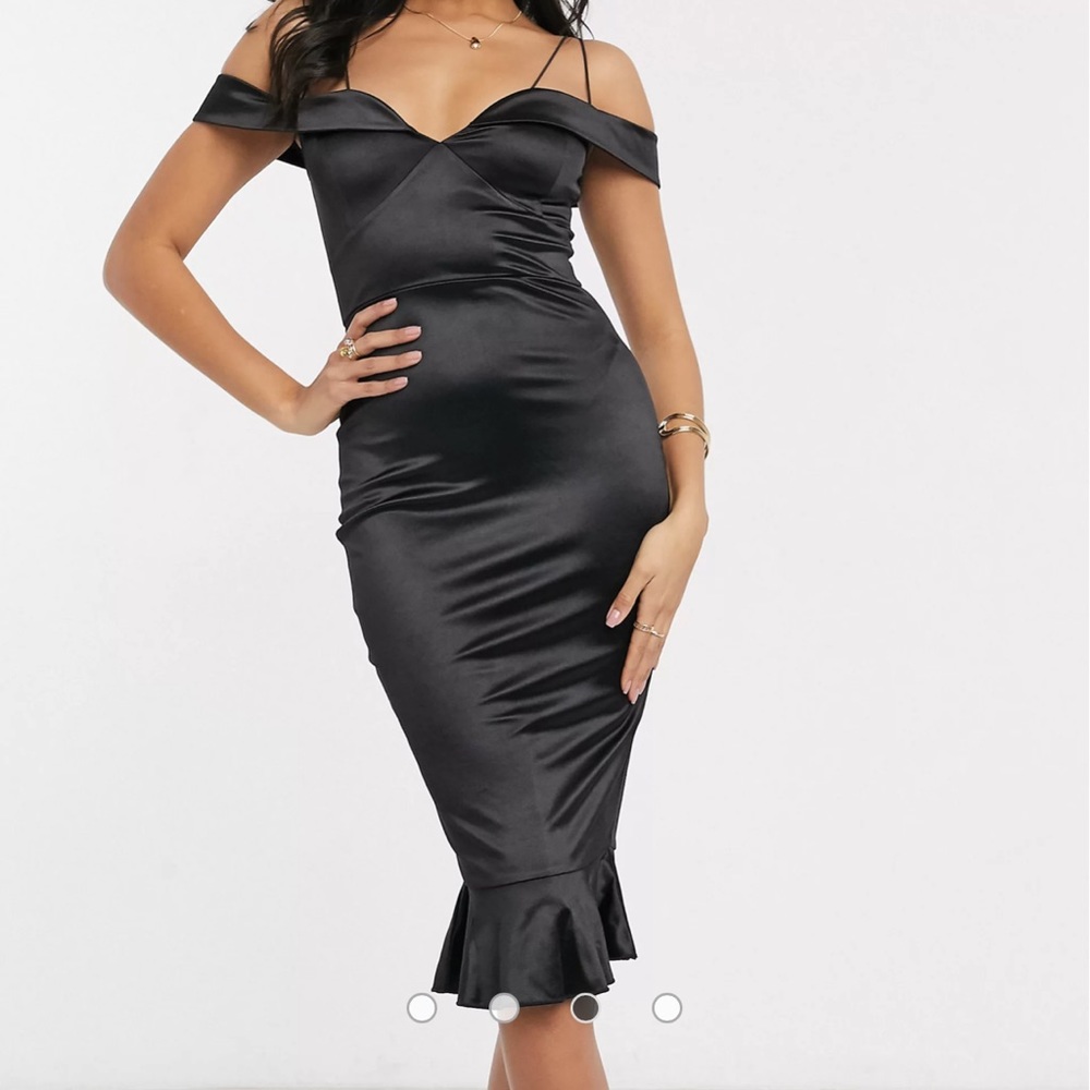 AX Paris Black Satin Off-Shoulder Fishtail Midi Dress